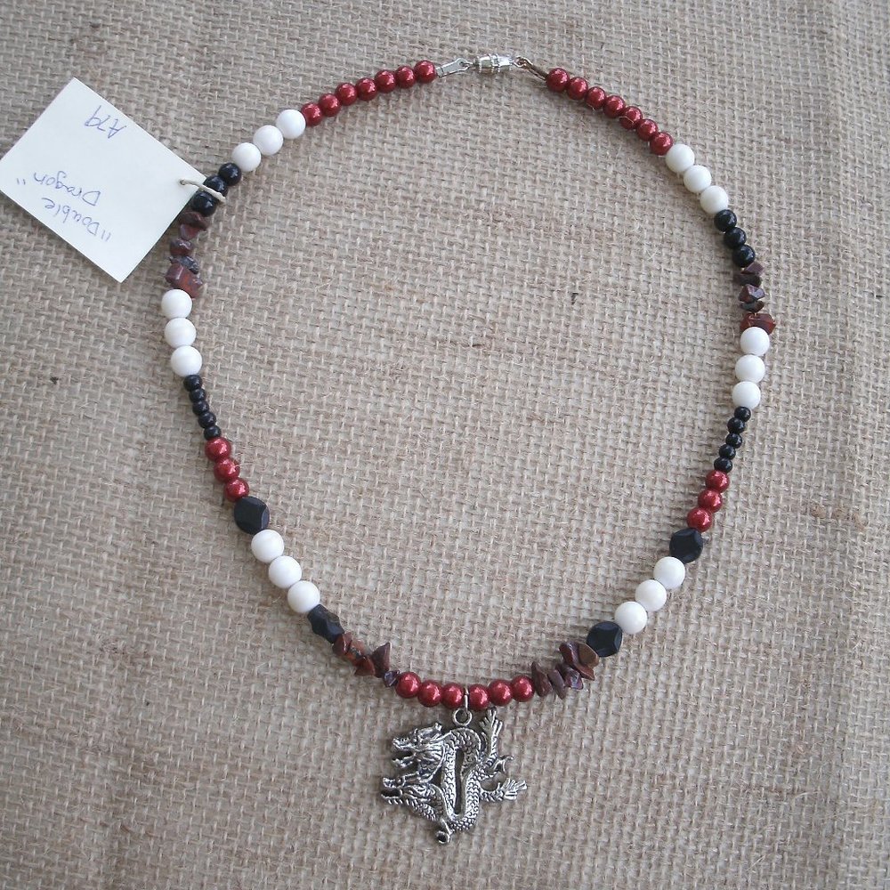 Handmade Double Dragon Beaded Necklace OOAK